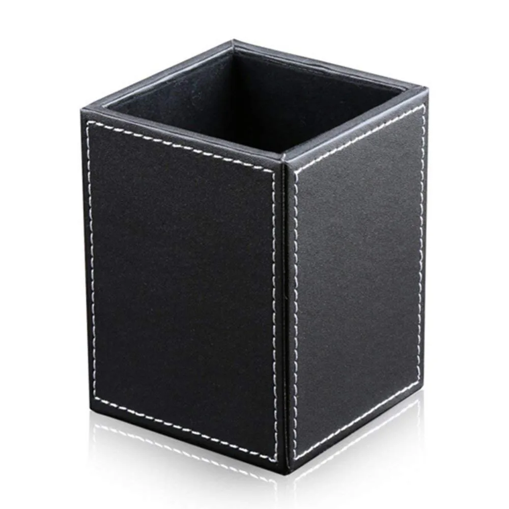 

XRHYY PU Leather Square Pens Pencils Holder Cup Desktop Stationery Organizer Case Office Accessories Container Box (black)