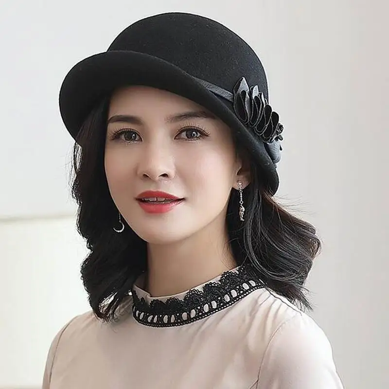 

Headwear Lady Banquet Formal Leather Bowknot Ribbon Fedora Hats Women Asymmetric Pure Wool Felt Hat