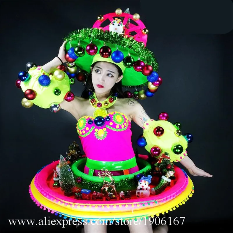 Stage Performance Colorful Fluorescent Christams Clothes With Headwear Catwalk TV Show Masquerade Cosplay Ballroom Costume