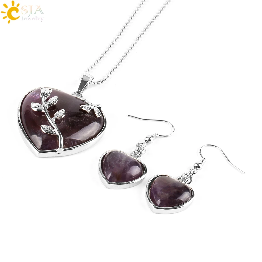 CSJA Girl Women Love Heart Jewelry Sets Reiki Natural Gem Stone Lapis Lazuli Necklace Drop Earring Set Leaf Pendant Wedding E425