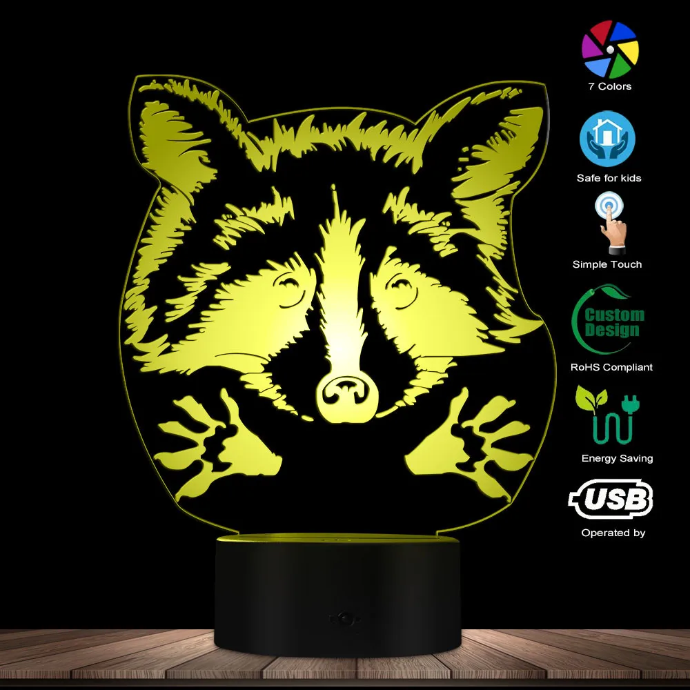 Adorable Raccoon Woodland Animal Optical illusion Table Lamp Decorative Lighting With Color Changing Pet Owner LED Night Light