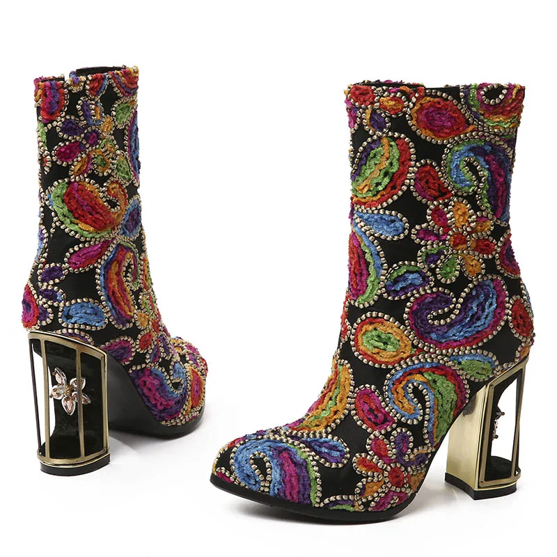 Phoentin ethnic print flower women\'s boots mixed color crystal bird cage high heels 10cm high quality female short boots FT255