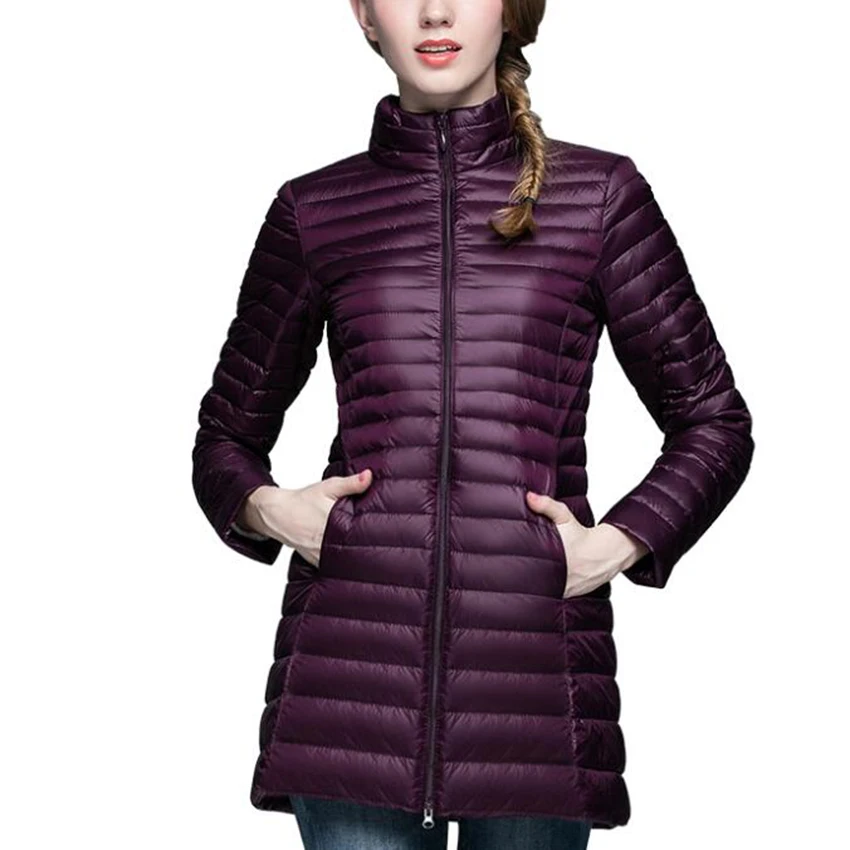 Jesień Zima Ultra Lekkie Białe Parki z Puchu Kaczym Kobiety Ciepła Kurtka Puchowa Kobieta Slim Satnd Kołnierz Midi Długi Puffer Płaszcz Odzież wierzchnia