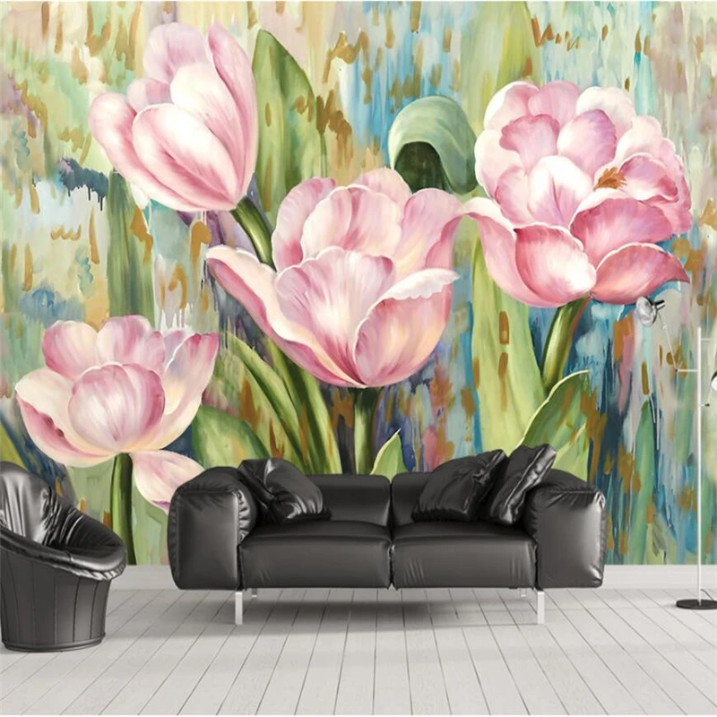 

wellyu European oil painting tulip background wall decoration painting custom large mural green wallpaper papel de parede