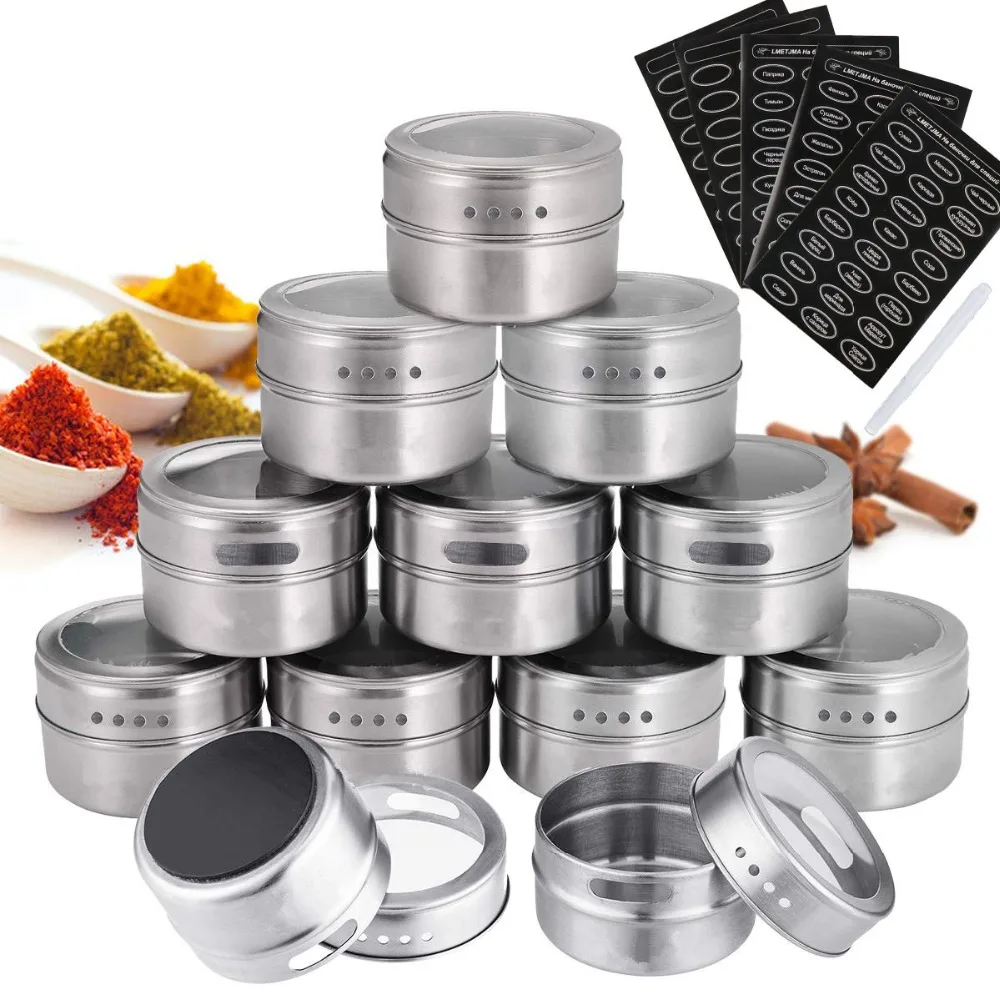 LMETJMA Magnetic Spice Jars With Russian Spice Labels Stainless Steel Magnetic Spice Tins Set Magnetic on Refrigerator KC0241