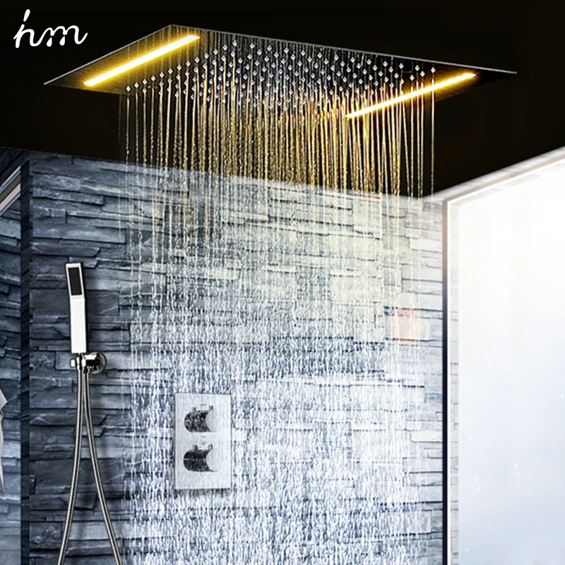 hm High Quality Ceiling LED Shower 360×500mm Square Rainfall Shower Head Panel 3Ways Thermostatic Diverter Shower Faucets System