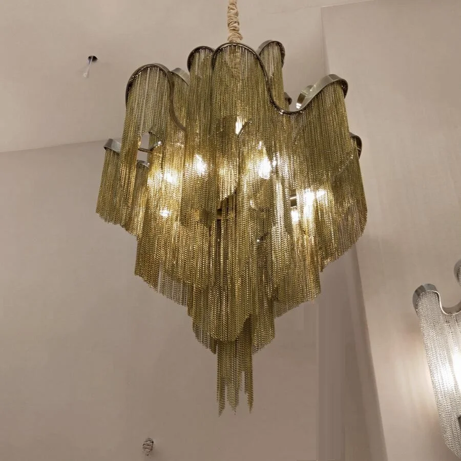 Stream tassel project light aluminum chain vintage handmade aluminum metal bronze chandelier lamp for living room