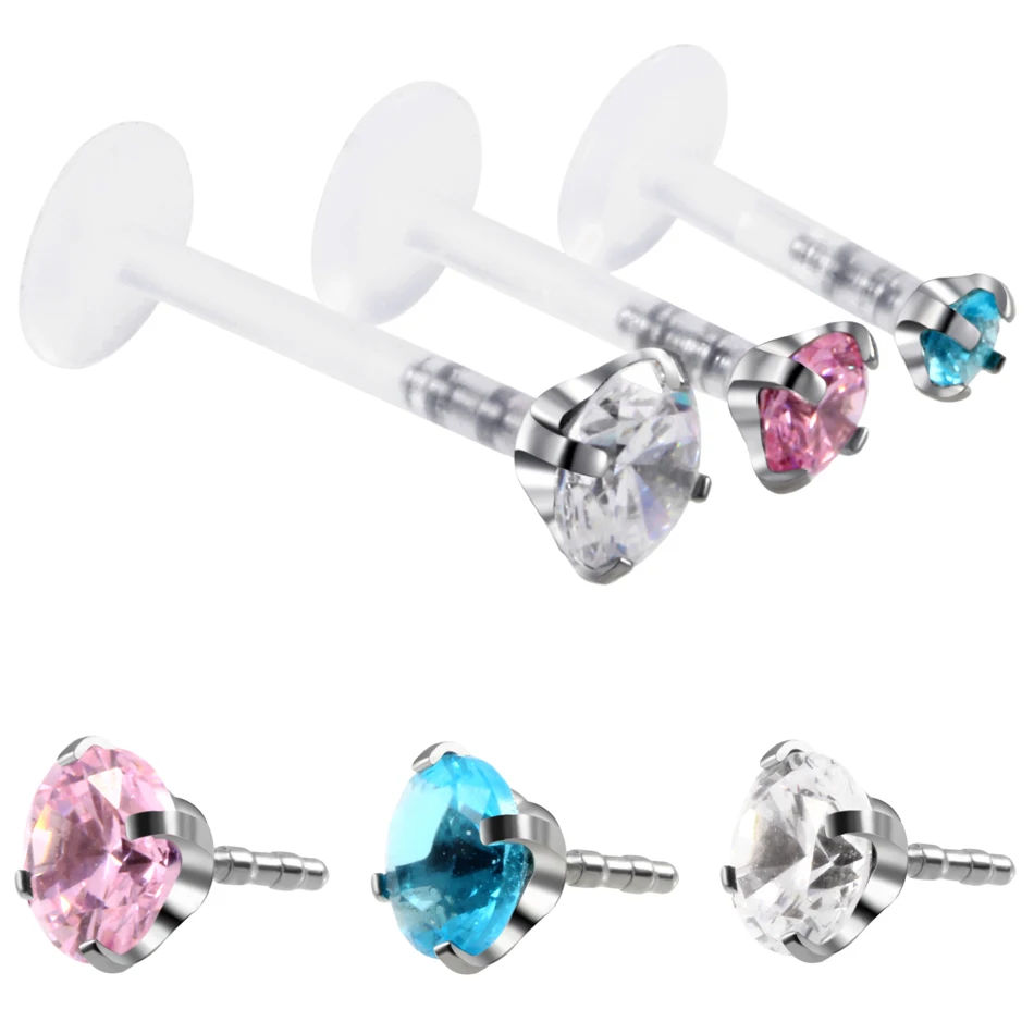 1PC Flexible Bioflex CZ Gem Push-in Labret Stud Lip Bar Ring Piercing Ear Cartilage Tragus Piercing Orelha Helix Earring Jewelry