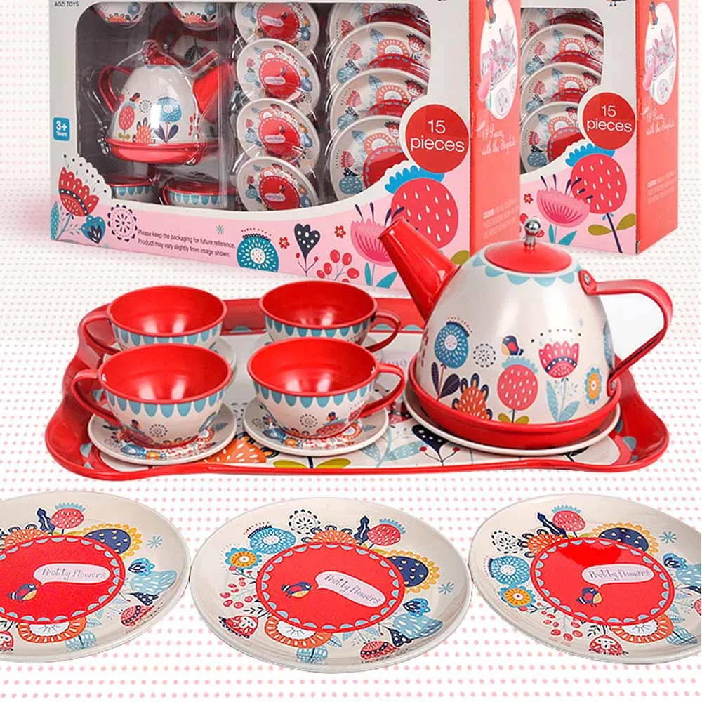 

14PCS/Set Metal Simulated Teapot Teacup British Style Afternoon Tea Tinplate Toys Pretend Play Toys For Kid Christmas gift