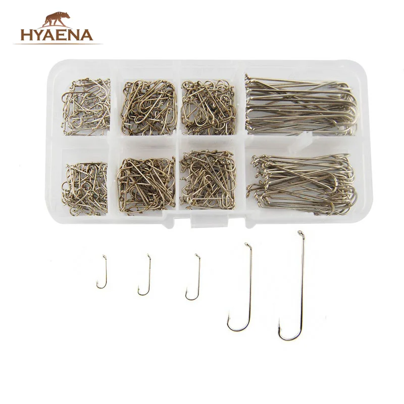 Hyaena 350pcs 79580 High Carbon Steel Fishing Hooks Silver Long Shank Dry Fly Tying Fishing Hook For Jig Set With Box