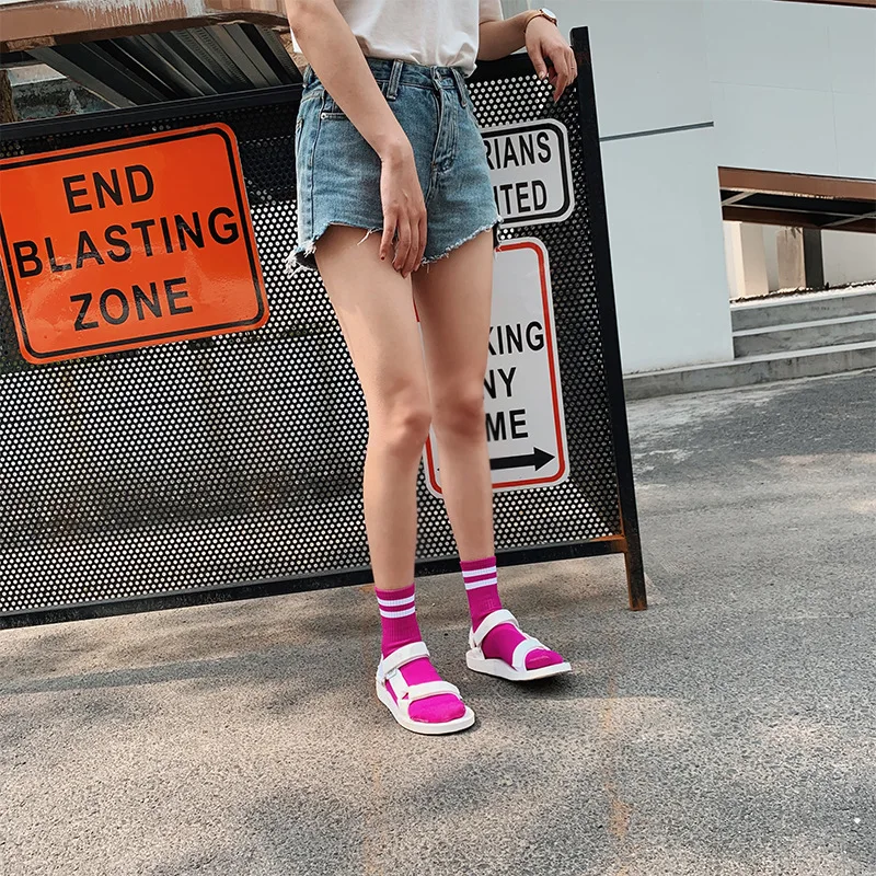 Stylish Pure Color Classic Stripes Casual Neon Socks Women Harajuku Fluorescence Green Short Socks Winter Cotton Socks Unisex