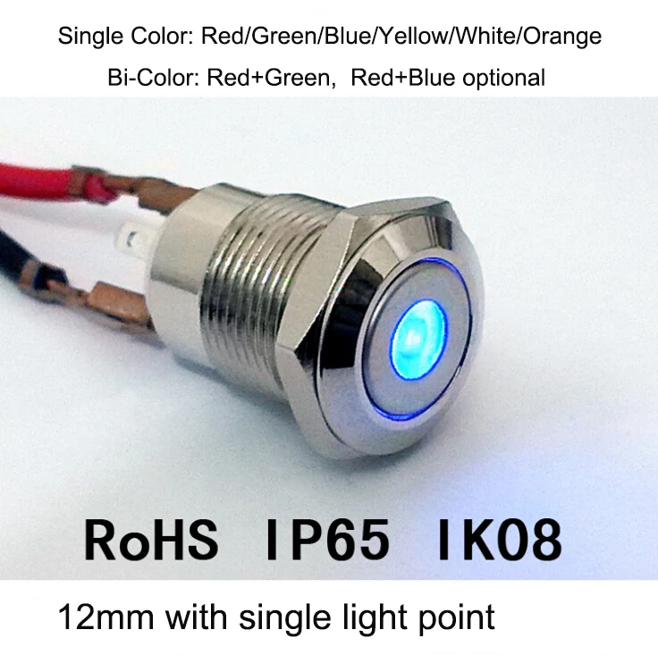 

12mm IP65 waterproof Metal button switch, with LED illuminated,12V 24V 110V 220V optional,single point luminous model, 10pcs/lot