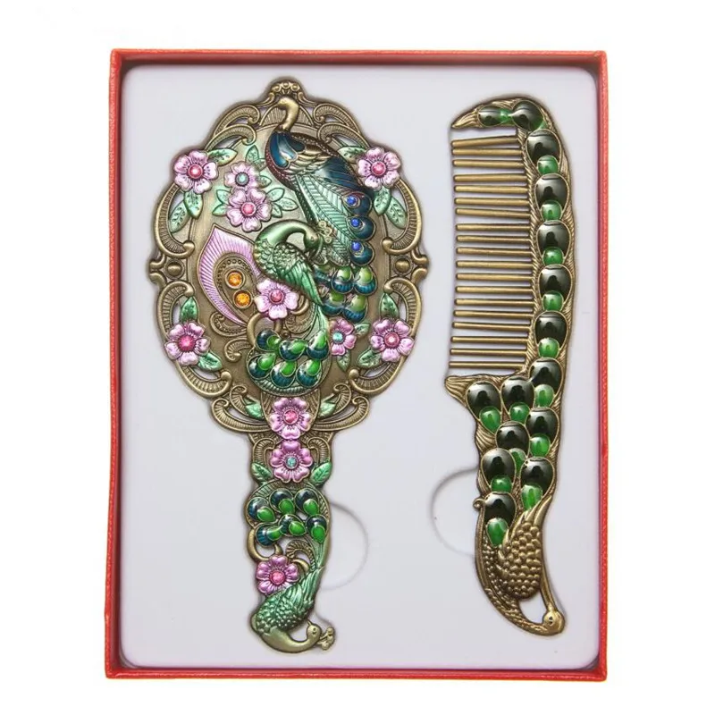 4 set Exquisite Retro peacock design makeup mirror maquillaje espejo Metal Portable mirror comb set Traditional Cosmetic mirrors