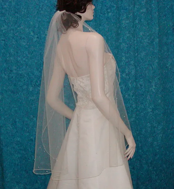 Handmade Scattered Crystals Fingertip Length Bridal Veil Soft Tulle