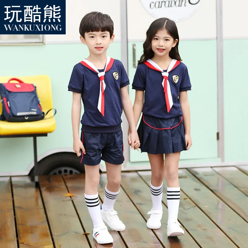 Kids Kindergarten Uniform Girls Short Sleeve School Uniform Boy Summer Primary School Wear Navy Sailor Wear 2pcs D-0635