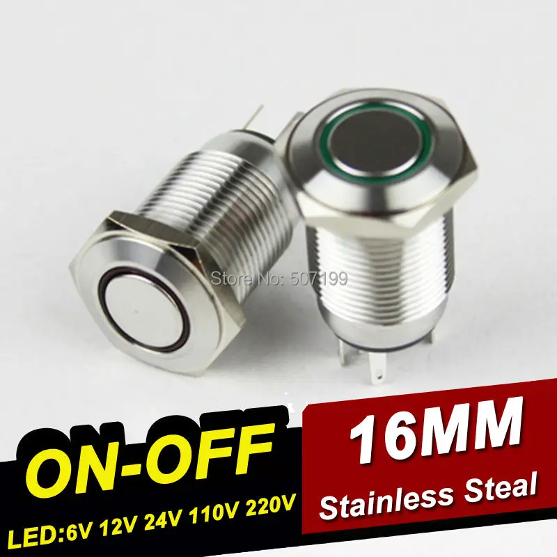 10pcs/lot on-off metal push button switch dia.16mm angel eye1NO+1NC led switch IP65 flat ring head 12V stainless steal