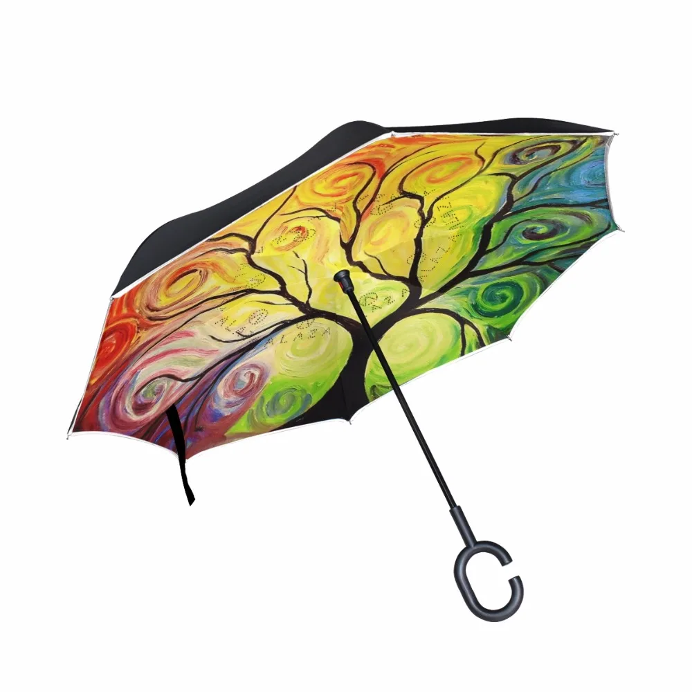 Gradient Rainbow Tinted Tree Reverse Umbrella Rain Women Me Double Layer Long Handle Inverted Car Umbrella Parasol High Quality