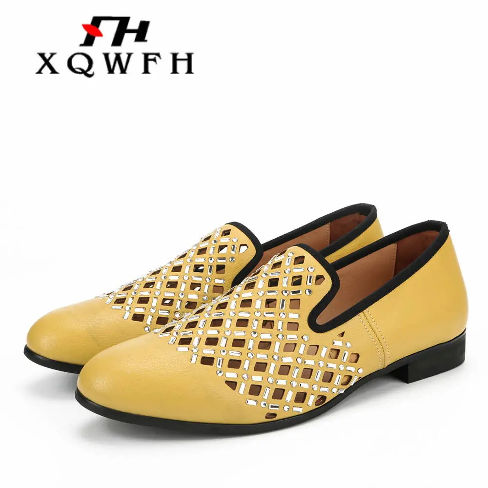 XQWFH Men Rhinestone Tassel Loafers Male Yellow Leather Casual Shoes Handmade Slip-on Flats Men's Ballroom Nightclub Dance Shoes