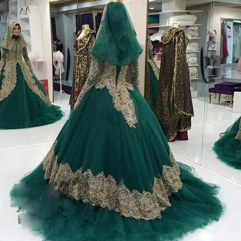 2020 muçulmano caçador vestido de baile vestidos de casamento com apliques de renda dourada mangas compridas com hijab plus size vestidos de casamento nupcial