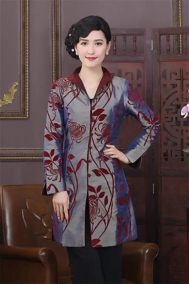 Heißer Verkauf Grau Chinesischen Tradition frauen Beflockung Verlängern Mäntel Staub Mantel Graben Vintage Tang Anzug Größe M L XL XXL 3XL