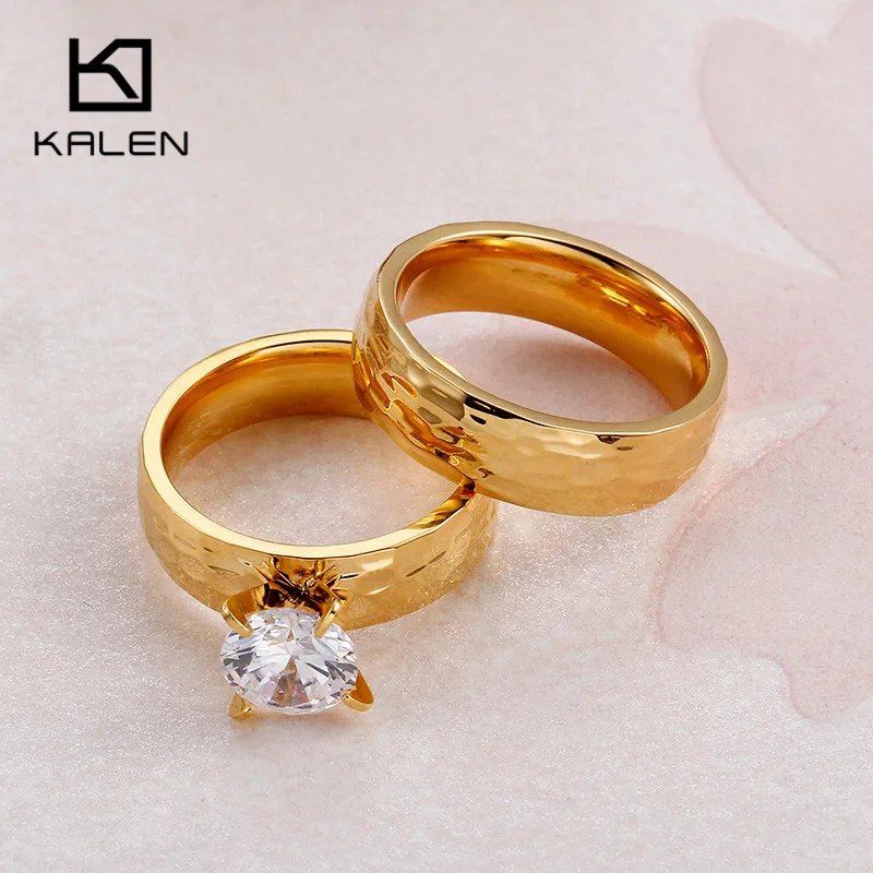 Kalen New Zircon Couple Rings Stainless Steel Gold Color Finger Rings for Men Women Fashion Engagement Wedding Band Jewelry