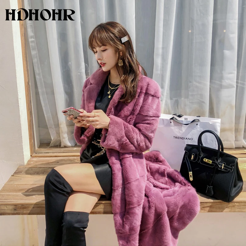 HDHOHR 2024 Real Whole Mink Fur X-Long Coat Factory Direct Sale Winter Slim Warm Female Mink Fur Long Turn-down Collar Jacket