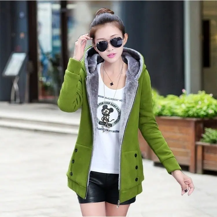 Womens Jackets Autumn and Winter Casual Female Slim Jackets Plus Velvet Thickening Long Section Cardigan Hooded Hoodies