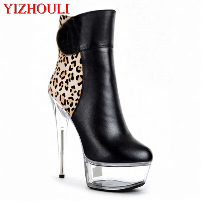 

Sexy leopard print low - cut short boots 15cm high and waterproof platform, Nightclubs are high-heeled boots and sexy women