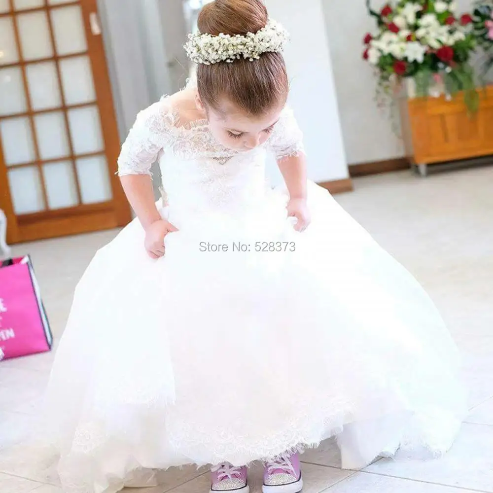 YNQNFS FG15 Real Photo Shoot Pageant Birthday Party Dress Wedding Boat Neck French Lace  Half Sleeves Flower Girl Dresses