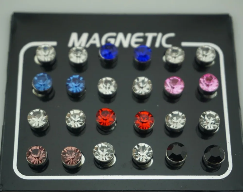 12 par (24 sztuk) /lot 3/4/5/6/7mm okrągły kryształ Rhinestone magnes Stud kolczyk Puck kobiet mężczyzna magnetyczny fałszywy Ear Plug biżuteria