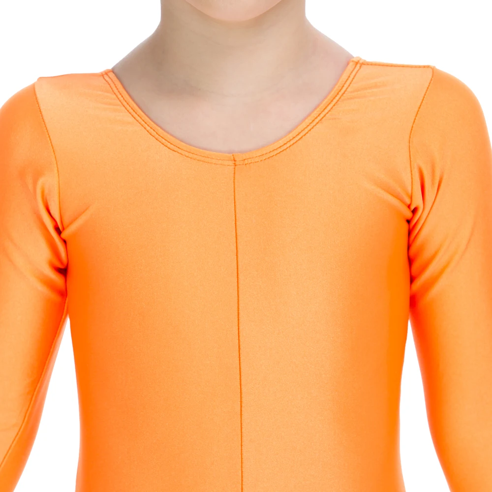 Ballett Unitards Orange Glänzendem Stoff Langarm für Kinder und Mädchen Tanzen und Gymnastik Catsuit