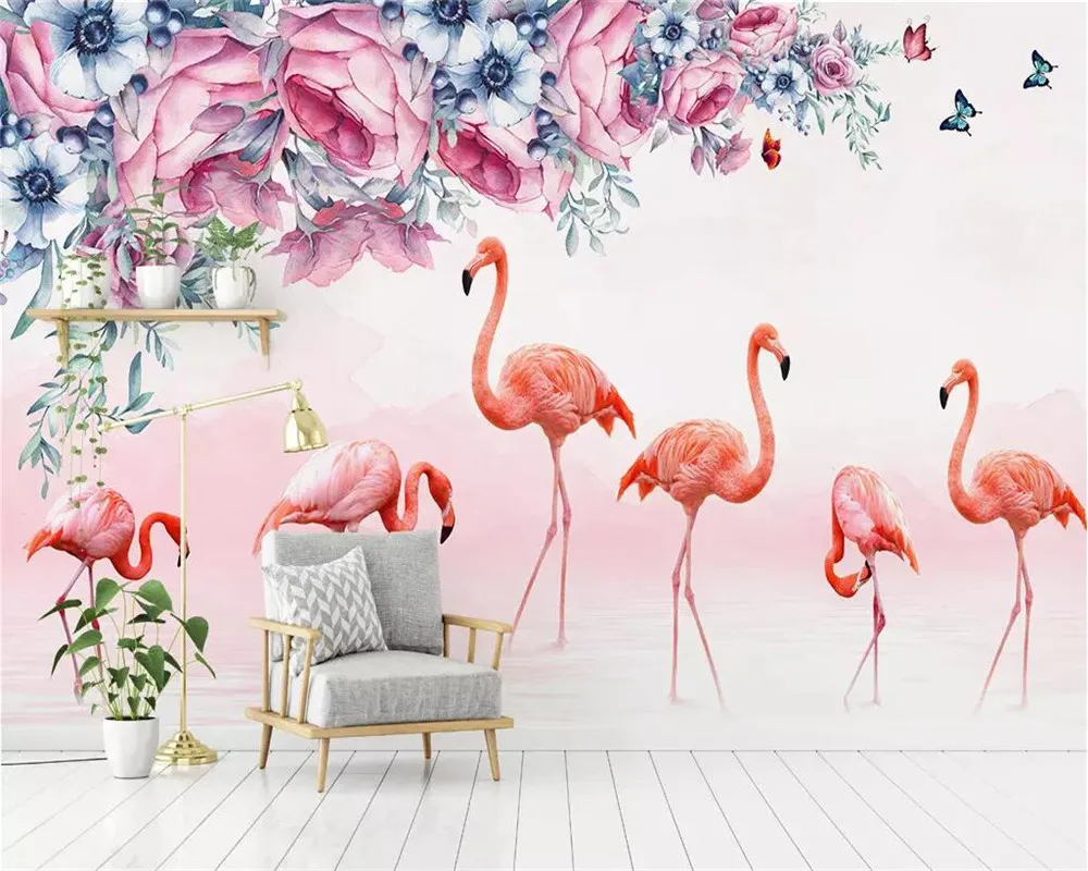 

Beibehang Custom wallpaper Nordic fresh rose butterfly flamingo TV background wall living room bedroom decoration 3d wallpaper