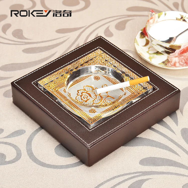 Rocky brown grain cowhide leather high-grade crystal ashtray fashion creative personality ashtray Modern