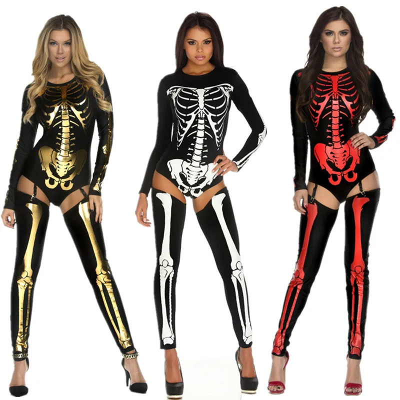 Female Human Bone Costume Scary Halloween Costumes For Women Skeleton Skull Bodysuit+Socks