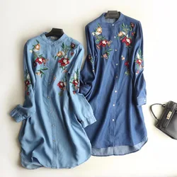 2019 Women Shirts Long Sleeve Flower Embroidery Cotton Denim Soft Blouse Women Long Shirts Femme Blusa Loose Tops For Women