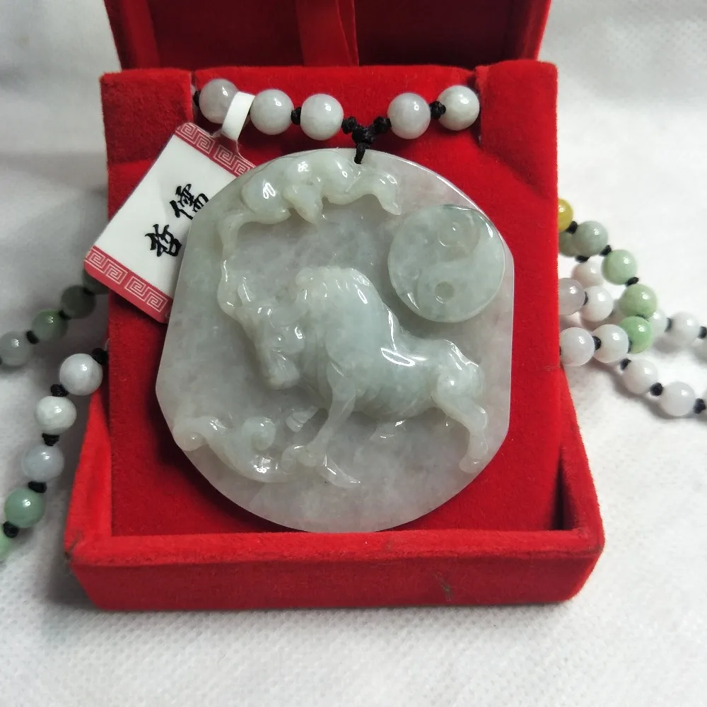 Zheru JewelryUnique piece pure natural Jadeite light green good luck cow pendant Three-color jade bead necklace Send certificate