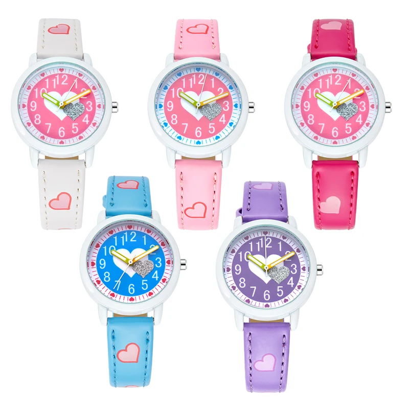 KEZZI Love Hearts child Watches Girl Leather Printing Strap Cartoon Kids Watch Students Quartz Wristwatch Casual Fashion Horloge