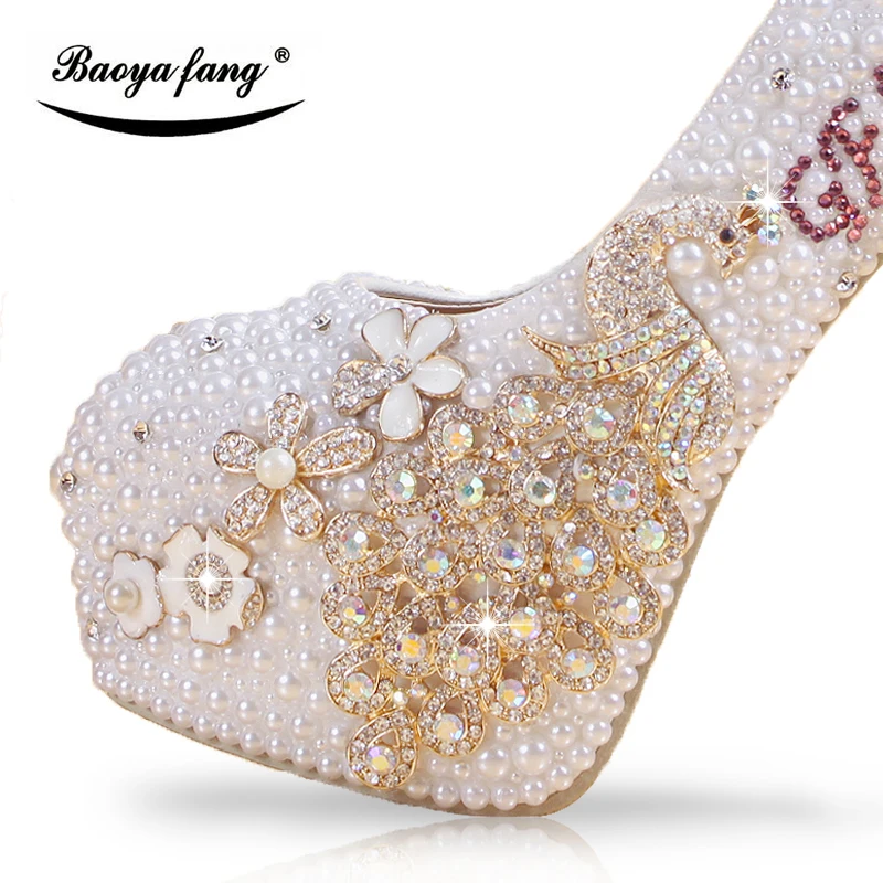 BaoYaFang  White pearl beads Womens wedding shoes Bride high woman party dress shoes Luxury peacock female shoes high Pumps