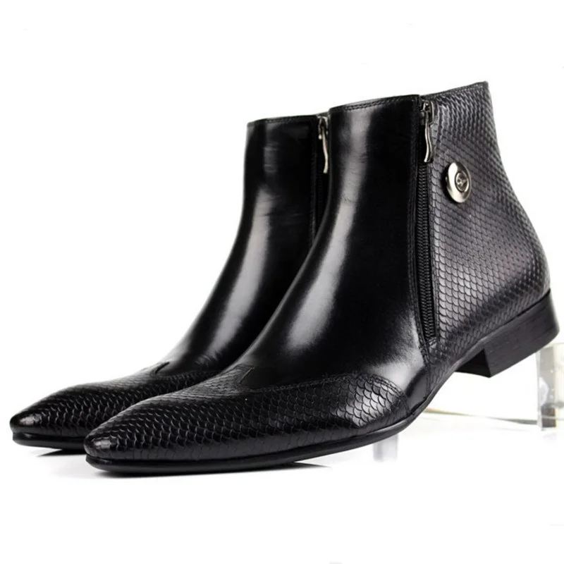 

Large Size EUR45 Brown / Black Pointed Toe Zipper Chelsea Boots Mens Ankle Boots Genuine Leather Boots Male Dress Shoes