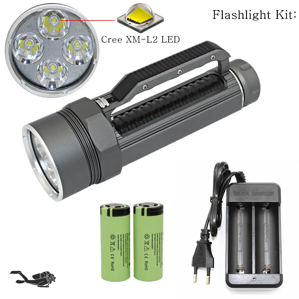 Diving Flashlight Waterproof Torch Light 4x  XM-L2 LED Rechargeable Underwater Lanterna + 26650 Battery + AC Charger