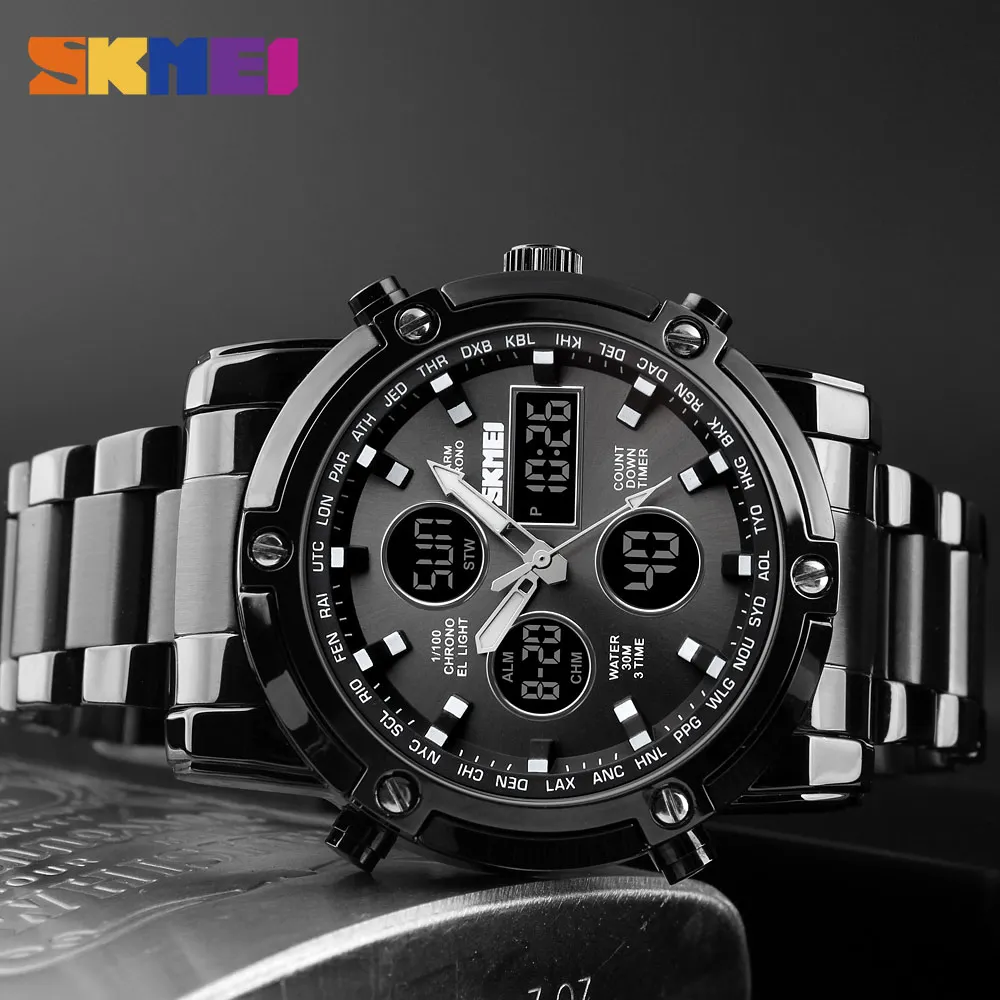 SKMEI Digital Quartz Watch Men Three Time Quartz Wrist Mens Watch Countdown Steel Strap Wristwatch Clock Relogio Masculino 1389