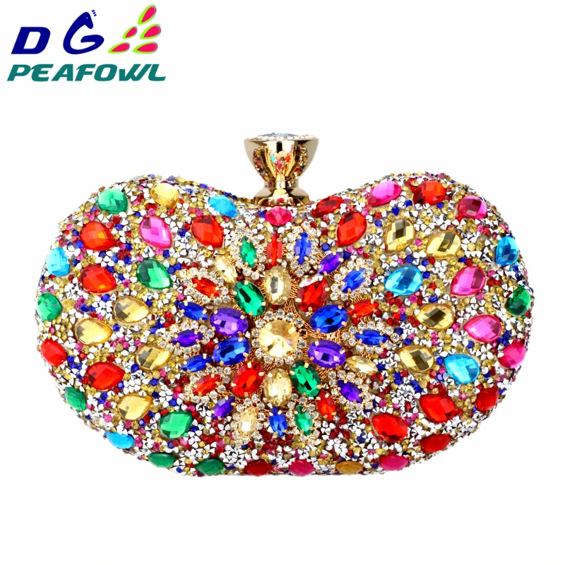 DG – pochette en forme de fleur de paon pour femme, sac à main de luxe avec chaîne en cristal, 5 couleurs, deux côtés, portefeuille à bandoulière en diamant pour soirée et mariage