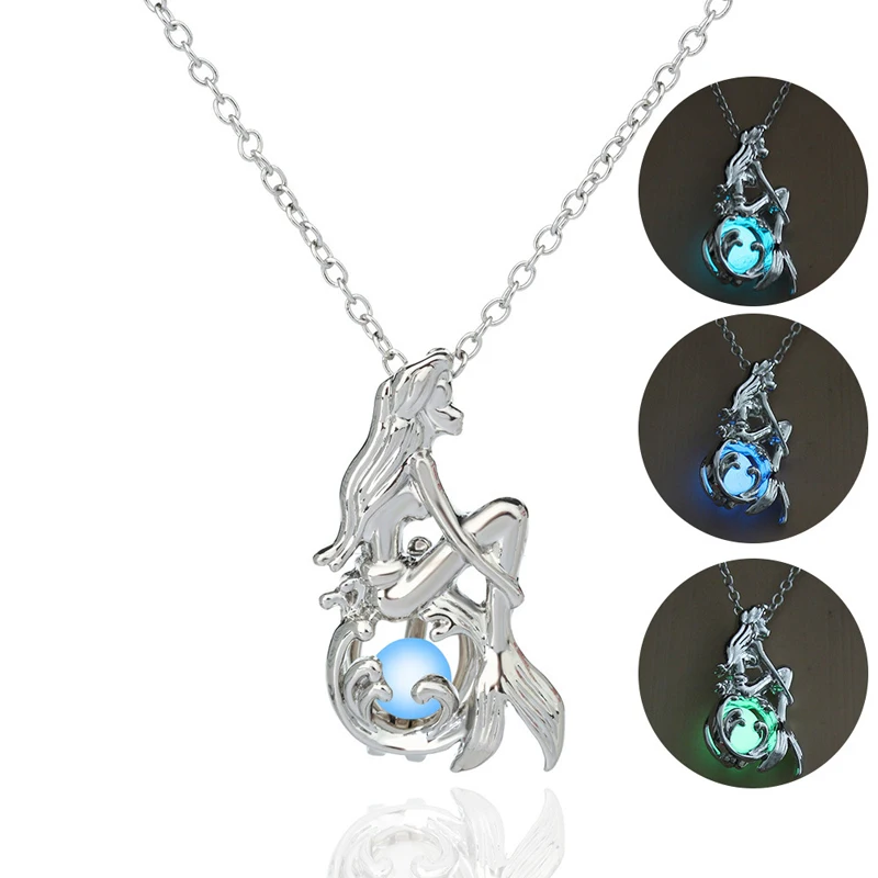 Luxury Glow In The Dark Mermaid Necklaces Glowing Hollow Pearl Cage Pendant Chains For Women Fashion Luminous Jewelry