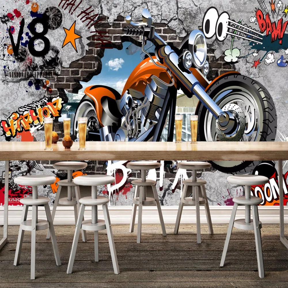 High Quality Custom Wall Murals Wallpaper Motorcycle Street Art Graffiti Mural Wall Decorations Living Room Modern Wall Painting