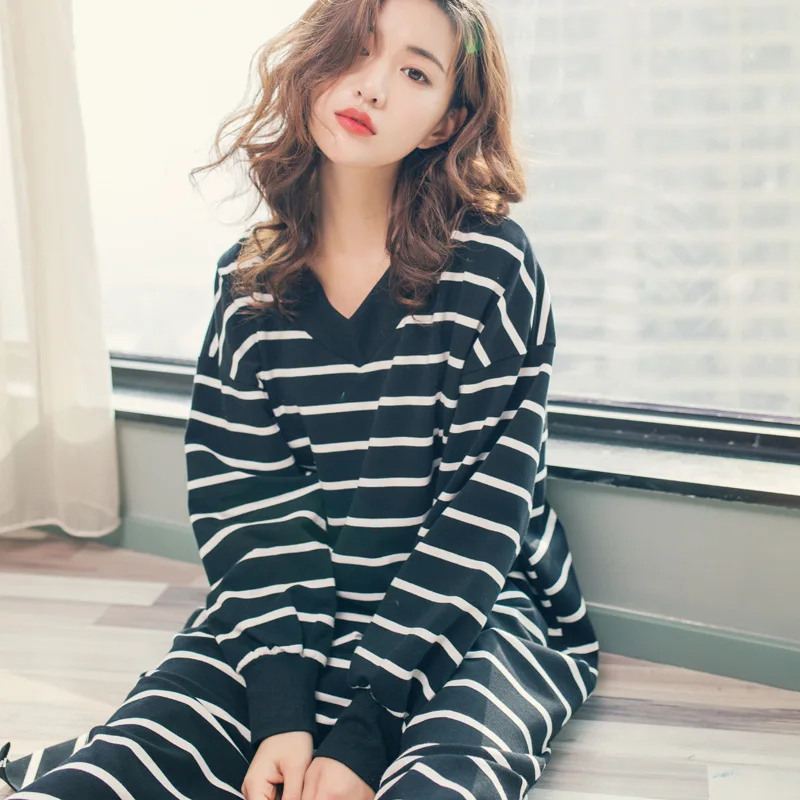 

yomrzl A562 spring and autumn cotton women's nightgown one piece simple daily sleep dress stripes long sleeve sleepwear