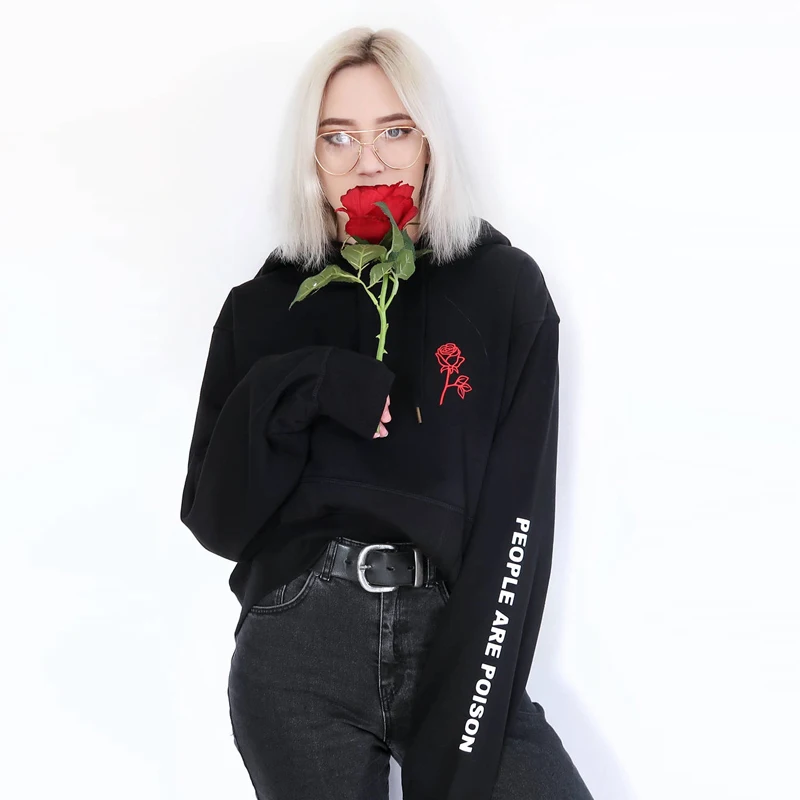 Skuggnas People Are Poison Rose Sleeve Print Hoodies Black Tumblr Inspired Pale Pastel Grunge Aesthetics Women Sweatshirt tops