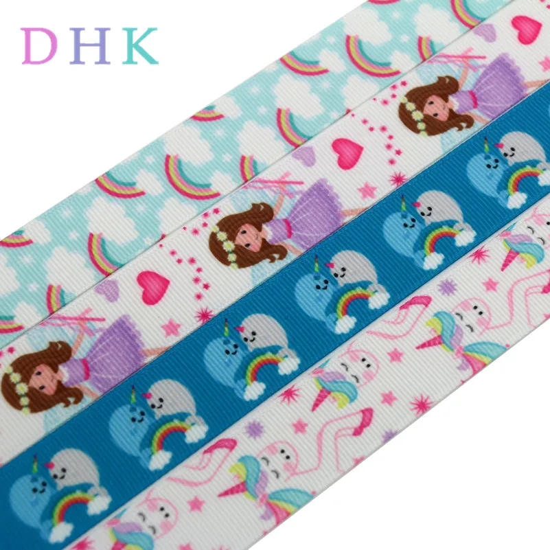 DHK 50yards Rainbow Princess Unicorn Printed Grosgrain Ribbon Accessory Material  Headwear Decoration Wholesale Craft DIY S912