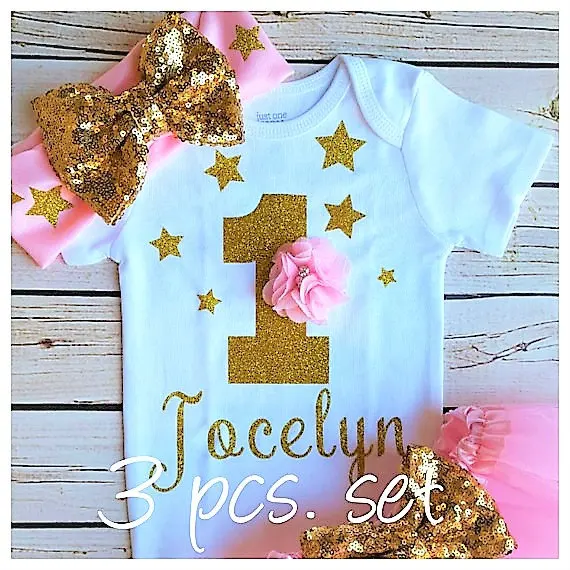 personalized name gold stars birthday Newborn infant bodysuit onepiece Tutu Dress romper Outfit Sets baby shower party favors