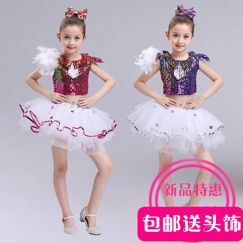 New Children Jazz Dance Dress Girls Red Sequins Princess Modern Dance Costumes For Kids Halloween Costume Performance Suit