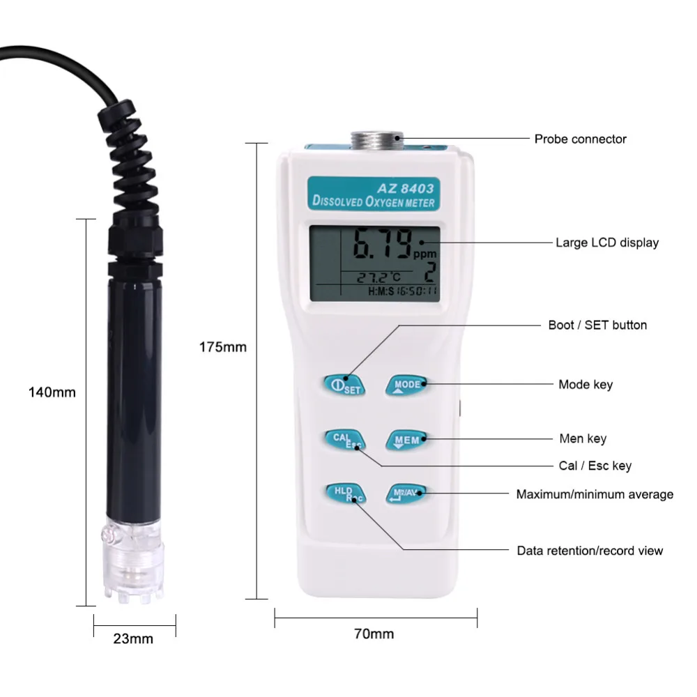 Portable Dissolved Oxygen Meter AZ8403 Dissolved Oxygen Meter 0.0~199.9% for Aquaculture ,Experimental Study,Sewage treatment